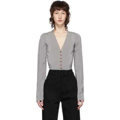Lemaire Long Sleeve Button-down Silk Bodysuit In Fumé