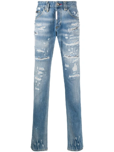 Philipp Plein Distressed Straight Jeans In Blue