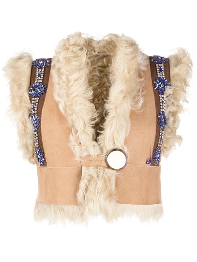 Miu Miu Shearling-lined Crystal-embellished Cropped Gilet In Neutral