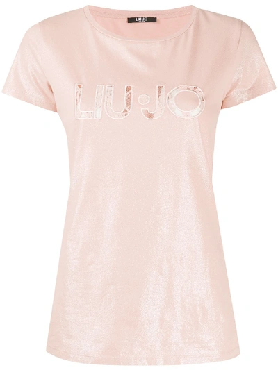 Liu •jo Lace-insert Logo T-shirt In Pink