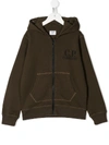 C.p. Company Teen Goggle Insert Zipped Front Hoodie In Green