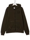 C.p. Company Teen Goggle Insert Zipped Front Hoodie In Green