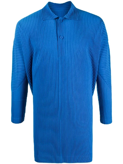 Issey Miyake Pleated Longline Polo Top In Blue