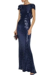 BADGLEY MISCHKA DRAPED SEQUINED MESH GOWN,3074457345622279843