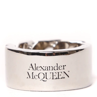Alexander Mcqueen Identity Chain Metal Ring With Engraved Logo In Silver