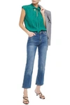 Sandro Kol Pussy-bow Floral-jacquard Blouse In Jade