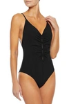ZIMMERMANN RUCHED BUTTON-EMBELLISHED SWIMSUIT,3074457345621841673