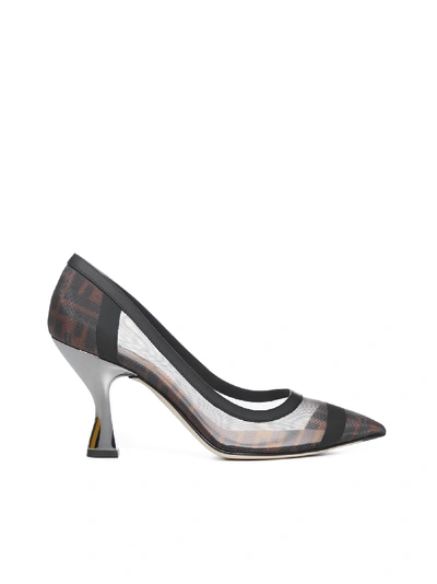 Fendi Rete Ff 85 Mm High-heeled Shoe In Tabacco/moro/nero