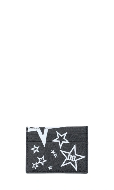 Dolce & Gabbana Black And White Star Printed Leather Card Holder In Black,white