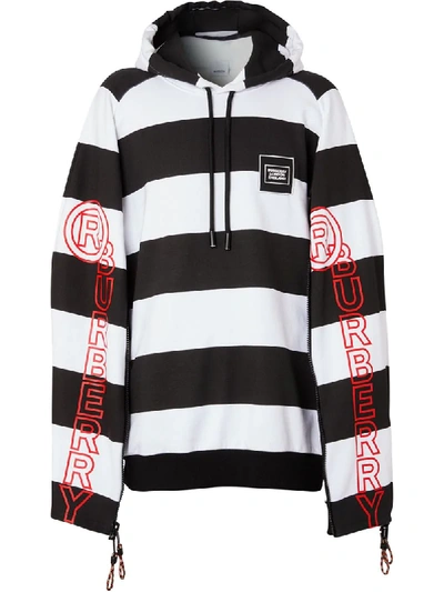 Burberry Striped Logo Sleeve Cotton Hoodie In Black