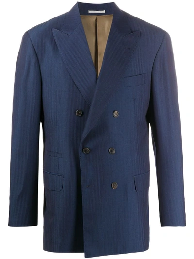 Brunello Cucinelli Double-breasted Striped Suit Jacket In Blue