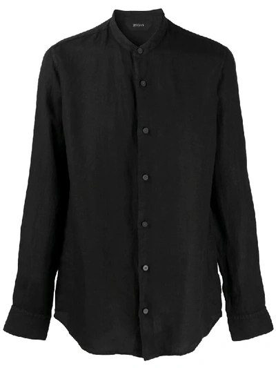 Z Zegna Long Sleeve Mandarin Collar Shirt In Black
