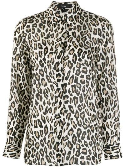 Theory Silk Leopard Print Blouse In Neutrals