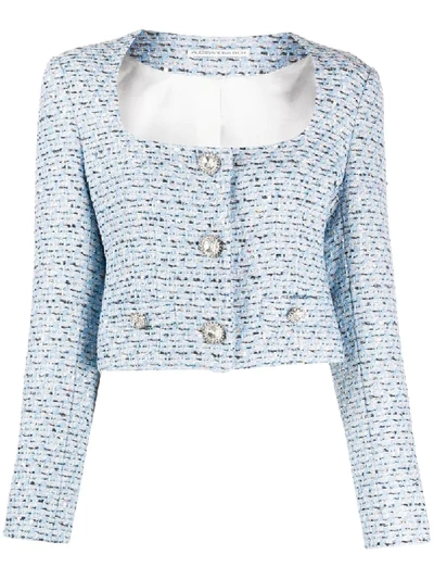 Alessandra Rich Cropped Crystal-embellished Sequined Tweed Jacket In Light Blue,silver