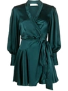 Zimmermann Bishop-sleeve Silk Wrap Mini Dress In Green