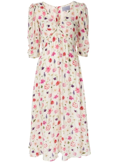 Luisa Beccaria Flower Print V-neck Dress In Neutrals