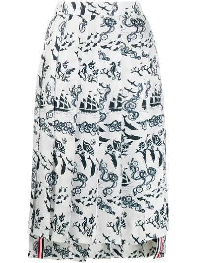 Thom Browne Nautical Print Pleated Skirt In White