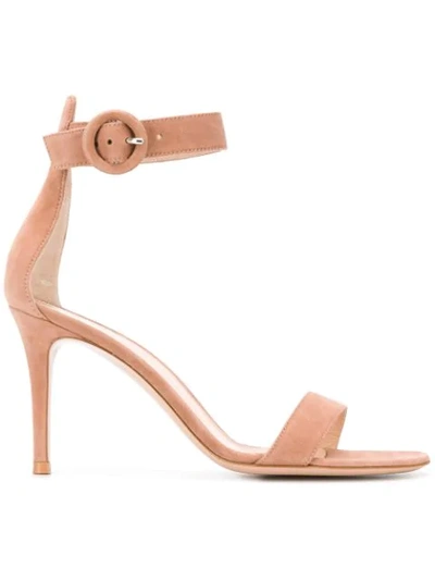 Gianvito Rossi Suede Open Round Toe Sleek Shape Buckled Ankle Strap Logo-printed Insole Very Thin Sole Stiletto Hee In Brown