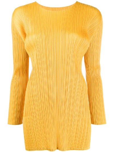 Issey Miyake Round Neck Pleated Top In Yellow
