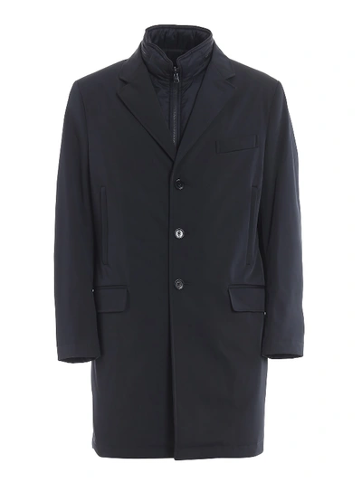 Fay Double Coat Coat In Technical Stretch Fabric In Blue