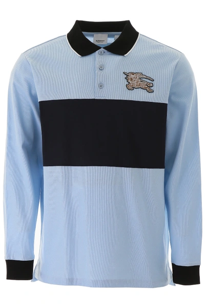 Burberry Polo Shirt With Embroidered Logo In Pale Blue