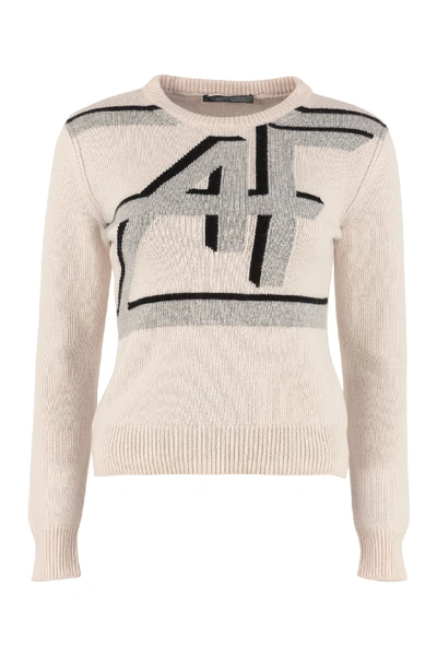 Alberta Ferretti Logo Intarsia Wool And Cashmere Crop Sweater In Light Beige