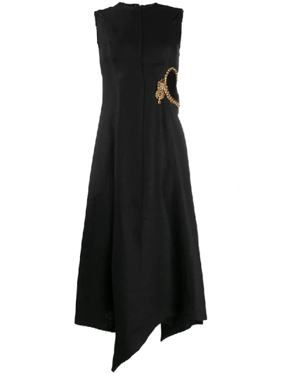 Jw Anderson Asymmetric Cutout Embellished Linen Midi Dress In Black