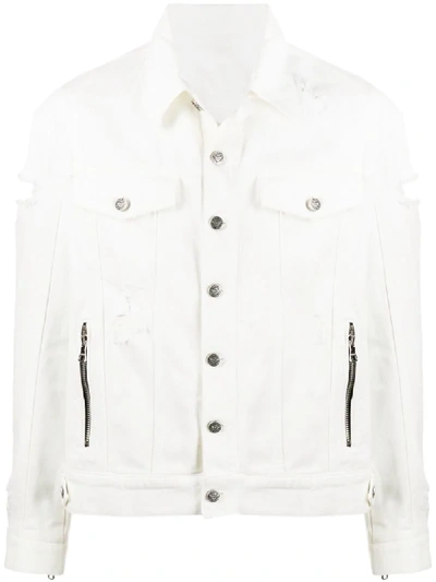 Balmain Distressed Logo Print Denim Jacket In White