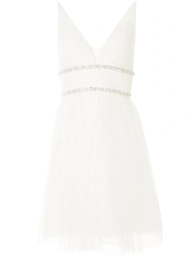 Marchesa Notte Embroidered Deep V-neck Dress In White