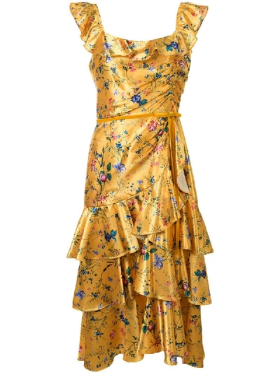 Marchesa Notte Ruffle Floral Print Dress In Yellow