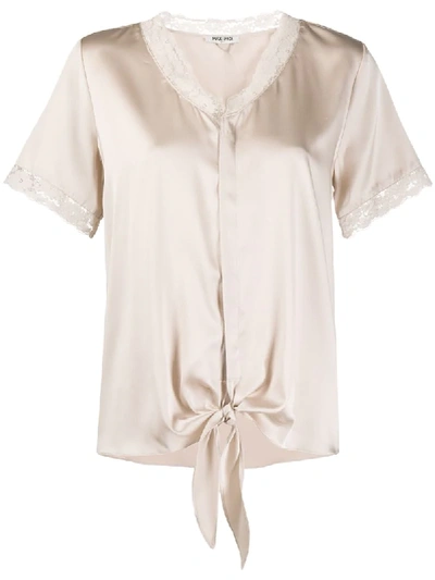 Max & Moi Tie Waist Lace Trim Blouse In Neutrals