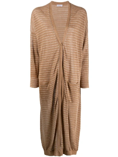 Brunello Cucinelli Long Striped Cardi-coat In Brown