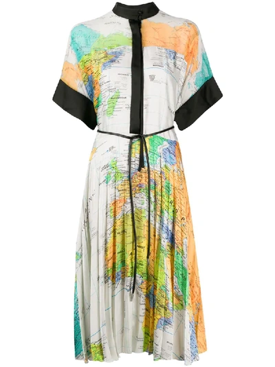 Sacai World Map Pleated Kimono Dress In White