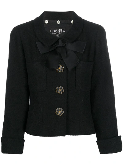 Pre-owned Chanel 1990s Enamel Flower-shaped Button Jacket In Black