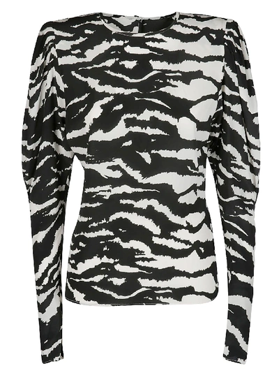 Isabel Marant Zebra Print Puff Sleeve Stretch Silk Blouse In Black