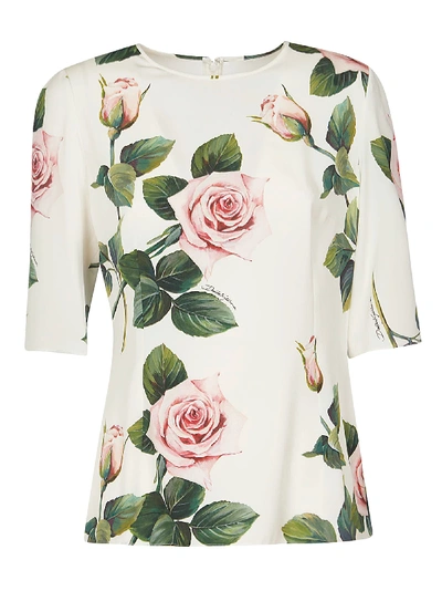 Dolce & Gabbana Rose Printed Blouse In White/multicolor