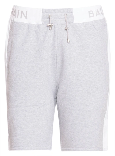 Balmain Logo Ribbed Cotton Jersey Shorts In Grey