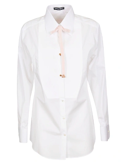 Dolce & Gabbana Velvet-bow Bib-front Cotton Shirt In White