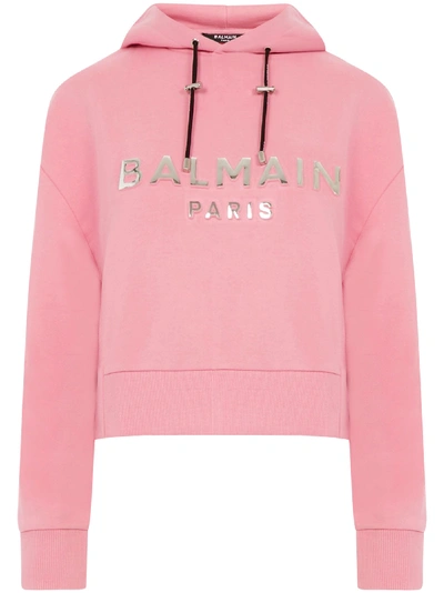 Balmain Silver Logo Cropped Sweatshirt In Pink