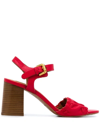 See By Chloé Block Heel Scalloped Hem Sandals In Red