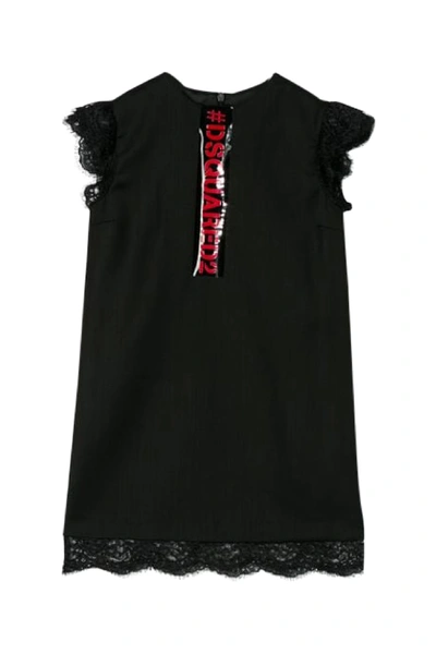 Dsquared2 Kids' Cool Wool Dress W/ Lace Insert In Black