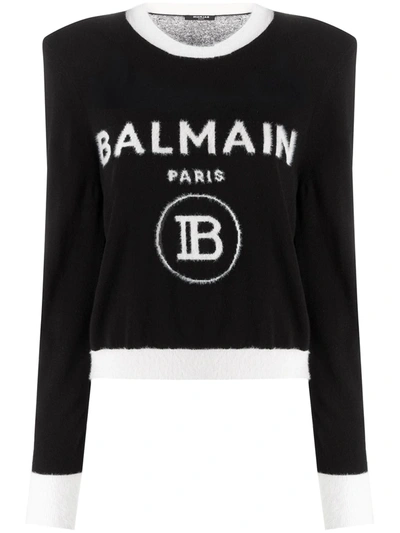 Balmain Logo-jacquard Shoulder-pad Jumper In Black