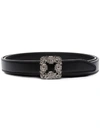 Manolo Blahnik Black Hangisi Crystal Buckle Leather Belt In Black