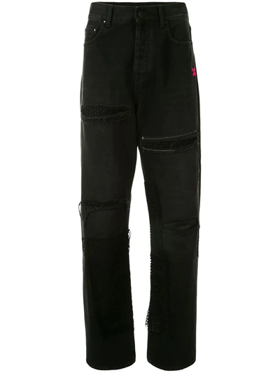 Off-white Ripped Arrows-logo Jeans In Black Fuchsia