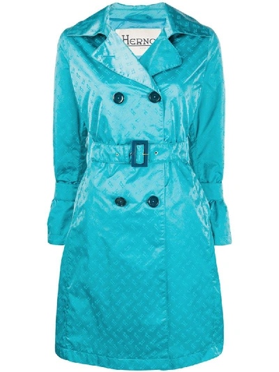 Herno Monogram Print Trench Coat In Blue