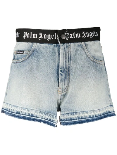 Palm Angels Logo Band Cotton Denim Shorts In Light Blue