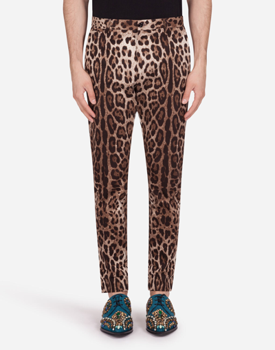 Dolce & Gabbana Cotton Stretch Pants With Leopard Print In Multicolor