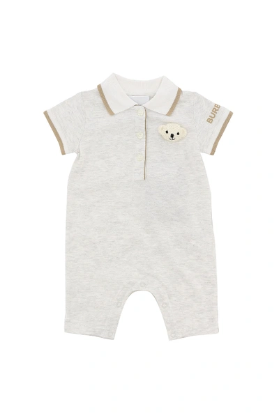 Burberry Babies' Cotton Blend Polo Romper W/ Bear Patch In White