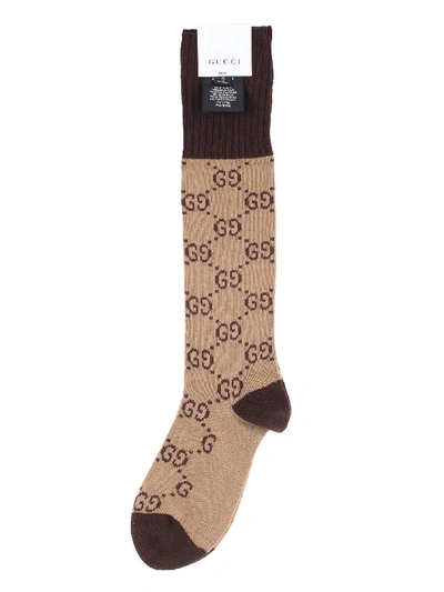 Gucci Beige And Dark Brown Interlocking G Cotton Socks In Cammello