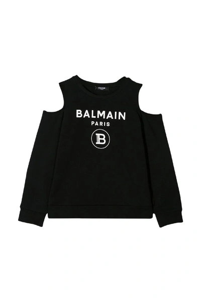 Balmain Black Girl Sweatshirt With White Logo In Black